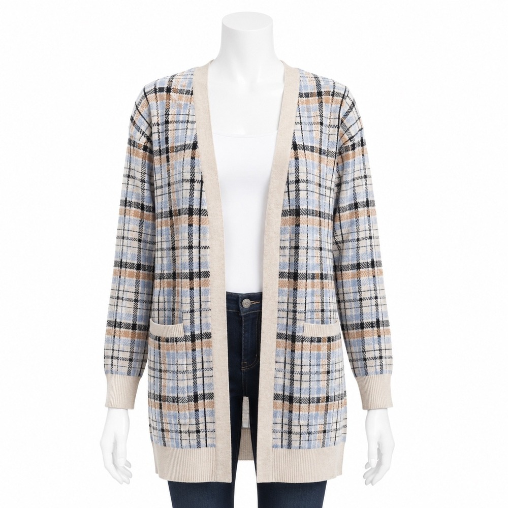 Max Studio Cardigan Women XS Tan Blue Plaid Open Front Longline Pockets Sweater